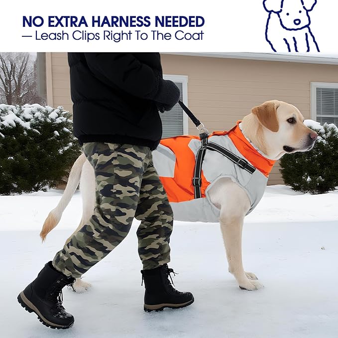 FUAMEY Dog Winter Jackets for Large Dogs,Dog Coat with Harness Built in,Waterproof Dogs Snowsuits Warm Pet Jacket Zip Up Fleece Cold Weather Coats Reflective Safety Pets Hunting Vest Orange 3XL