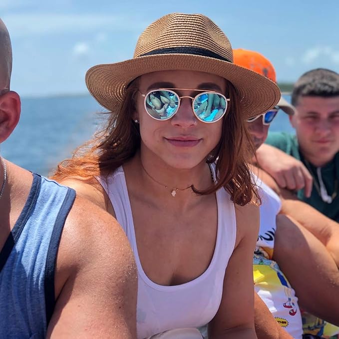 DRESHOW Women Straw Panama Hat Travel Fedora Beach Sun Hat Summer Wide Brim Straw Roll up Hat UPF 50+