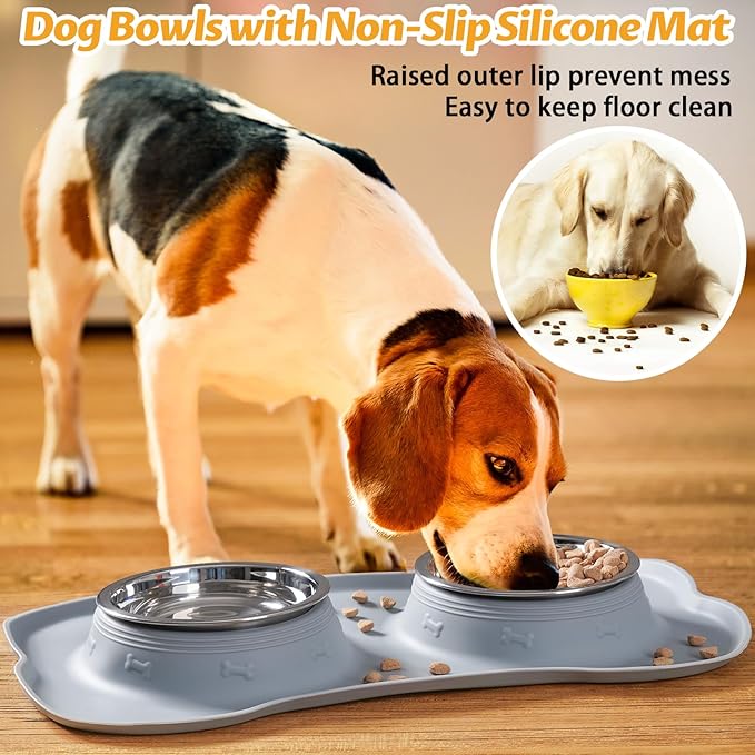 Hubulk Pet Dog Bowls 2 Stainless Steel Dog Bowl with No Spill Non-Skid Silicone Mat + Pet Food Scoop Water and Food Feeder Bowls for Feeding Small Medium Large Dogs Cats Puppies (Large, Gray)