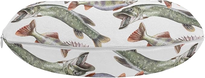 Ambesonne Fishes Travel Pillow Neck Rest, Watercolor Common Carp Perch and Bass Freshwater Animals Themed Seafood Drawing, Memory Foam Traveling Accessory for Airplane and Car, 12", Grey Green