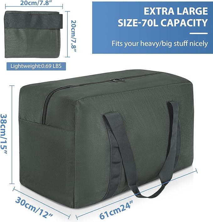 Travel Duffle Bag, 70L Gear Bag for Men and Women, Storage Bag Ideal for Overnight Camping and Weekend Getaways, Dark Gray