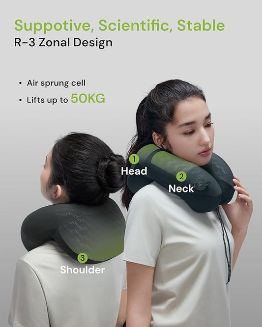 BENEUNDER Travel Neck Pillow for Airplane, Inflatable Compact 360°Head Support Pillow, Comfortable Breathable Cover for Travel, Train,Car with Storage Bag, Black