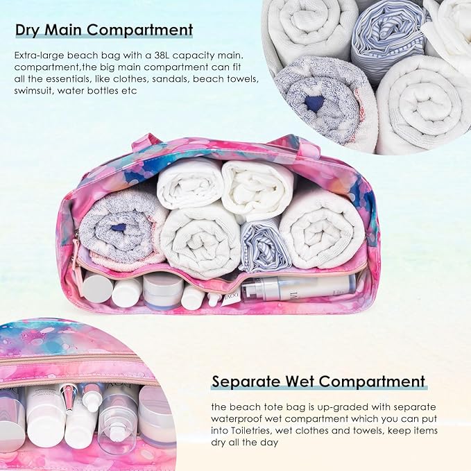 KABAQOO Extra Large Beach Bag Waterproof Sandproof Women Beach Tote with Zipper & Wet Compartment for Pool Gym Grocery Travel