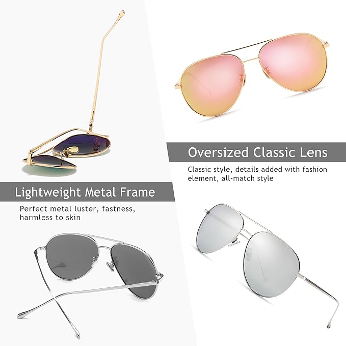 SUNGAIT Women's Lightweight Oversized Aviator Sunglasses - Classic Style Polarized Lens