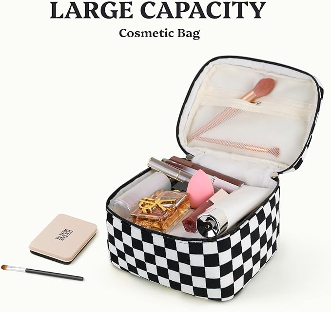 Prite Corduroy Large Travel Quilted Makeup Bag for Women Floral Cotton Cosmetic Bag Coquette Aesthetic Floral Toiletry Organizer Bag(Dark Checkerboard)