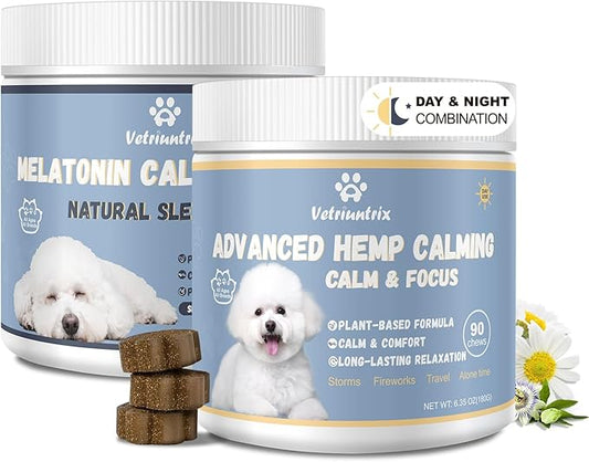 Calming Chews with Melatonin Set, Dog Calming Chews to Help Sleep and Reduce Stress, Dog Anxiety Relief Soft Chews for Fireworks, Storms, Thunder, Barking, Separation, Emotional Support