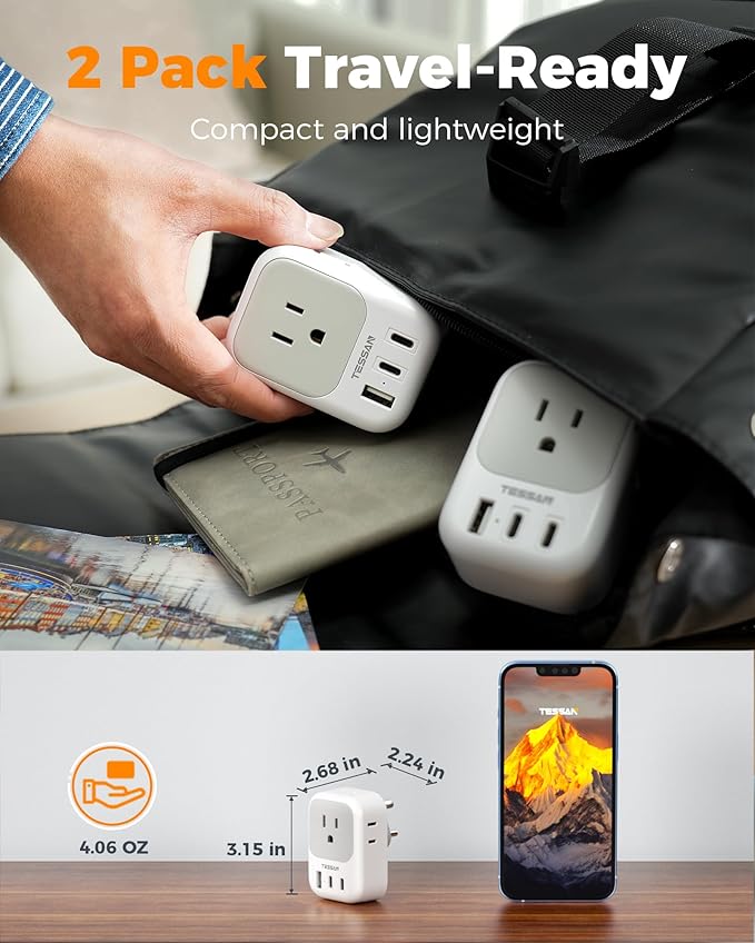 US to India Plug Adapter 2 Pack, TESSAN Type D Travel Adapter with 4 Outlets 3 USB (2 USB-C), Power Adaptor for US to India Nepal Maldives Pakistan Bangladesh Sri Lanka Bhutan Yemen