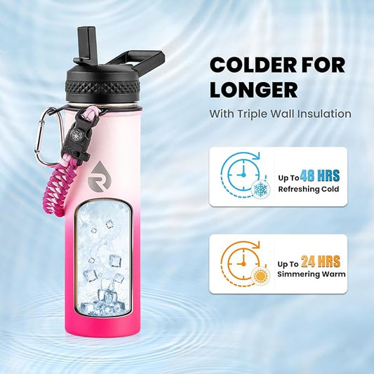 Insulated Water Bottle 20 oz, Triple Wall Vacuum Stainless Steel (Cold for 48 Hrs), Leak Proof & Non-BPA, Kids Water Bottle Jug for School with Straw Spout Lids, Ombre Pink