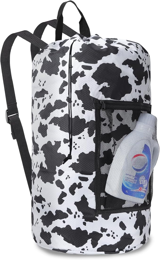Femuar Laundry Bag Backpack Durable Laundry Bag with Shoulder Straps and Mesh Pockets Portable Laundry Dirty Clothes Hamper Bag for College Dorm (Cow Print)