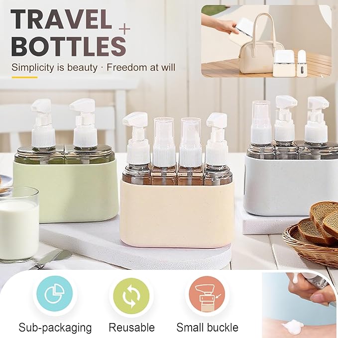 Mini Shampoo Dispenser, Portable Travel Bottle Set, Leak Proof Containers with Labels,Reusable Travel Bottles for Toiletries,Airplane Accessories for Women Men (C-Green)