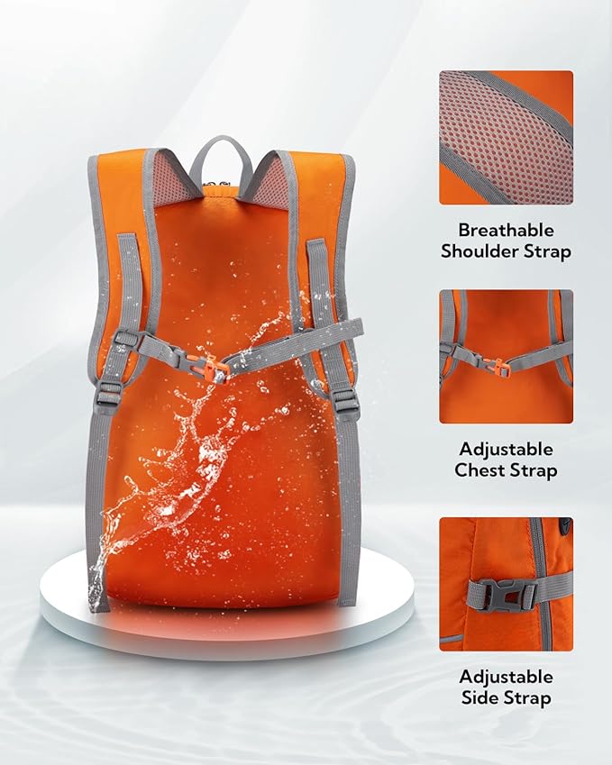 WATERFLY Hiking Packable Daypack Backpack: 25L Ultra Lightweight Day Pack for Woman Man - Small Compact Folding Back Pack for Outdoor Sport Cycling Camping Travel Trip - Orange