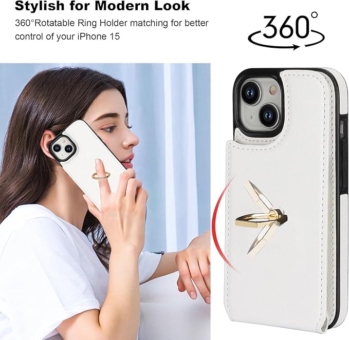 Folosu Compatible with iPhone 15 Case Wallet with Card Holder, 360°Rotation Finger Ring Holder Kickstand, RFID Blocking Leather Protective Double Buttons Shockproof Cover 6.1 Inch White
