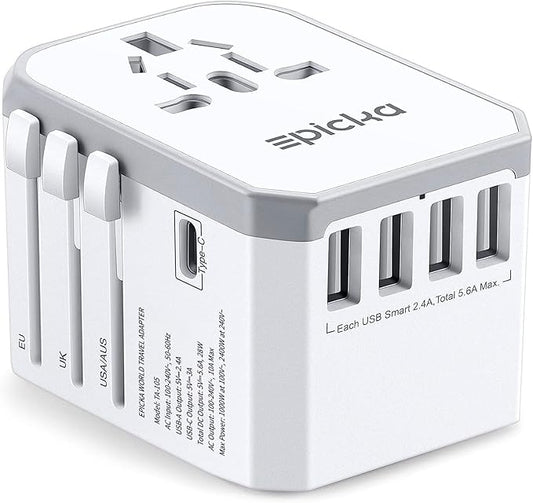 EPICKA Universal Travel Adapter, European Travel Plug Adapter - International Power Adapter Worldwide Charger with USB-C & 4 USB-A Ports, Travel Essentials for Italy, Japan, Europe, UK (TA-105, White)