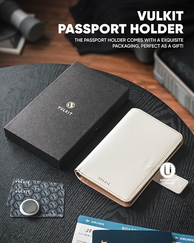 VULKIT Passport Holder with Airtag Holder RFID Blocking Passport Wallet Travel Leather Passport for Women(Beige Brown)