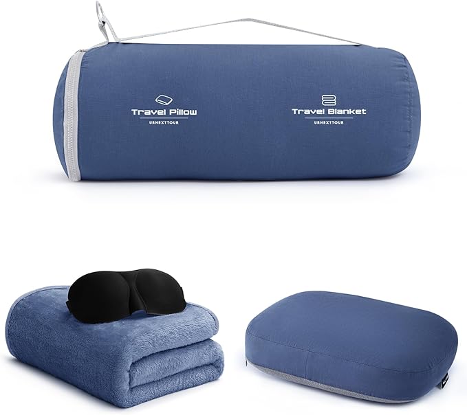 4-in-1 Travel Pillow & Blanket Set with Eye Mask, Memory Foam Neck Support, 50x65 Inch Blanket, Storage Bag for Airplane, Car, Train, Home Travel Blue