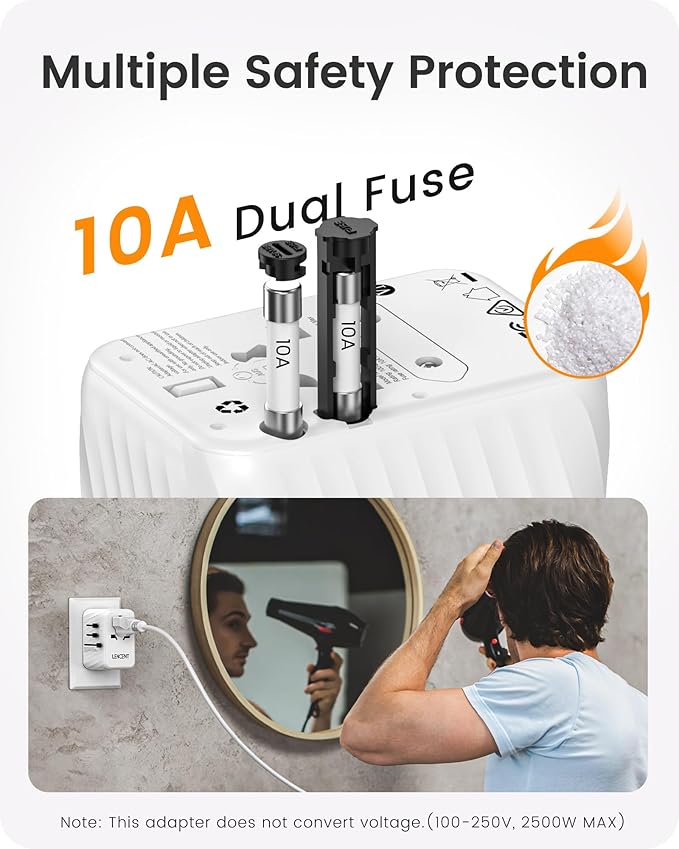 LENCENT Universal Travel Power Adapter, International AC Plug Adaptor with 3 USB A Ports 1 Type C PD Wall Charger Worldwide Travel Essentials for US to EU UK Ireland Australia (Type C/G/A/I) White