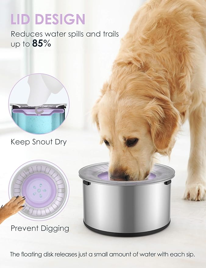 1Gallon Large Dog Water Bowl No Spill, [Anti Digging Lid & Rubber Bottom] Spill Proof Dog Bowl, Anti Splash Mess Dripless Slow Drinking Stainless Steel Water for Sloppy Messy Drinkers Car