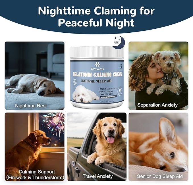 Melatonin for Dogs, Dog Calming Chews for Sleep Aid, Fireworks, Storms, Thunder, Barking, Separation, Calming Chews for Dogs with Valerian Root & L-Theanine, 90 Count