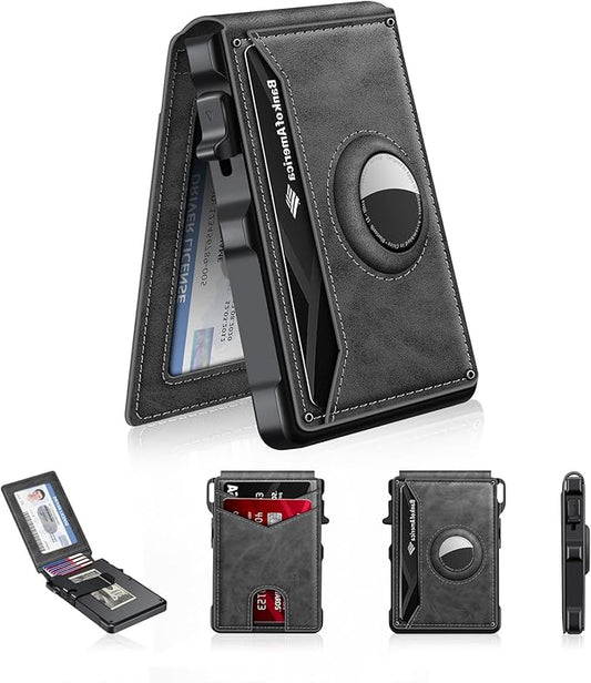 Airtag Wallet for Men, Mens Smart Wallet for Air Tag RFID Blocking, Minimalist Bifold Pop Up Aluminum Credit Card Case Holder 12+ Cards with ID Window, Gift for Men, No Airtag Included, Gray