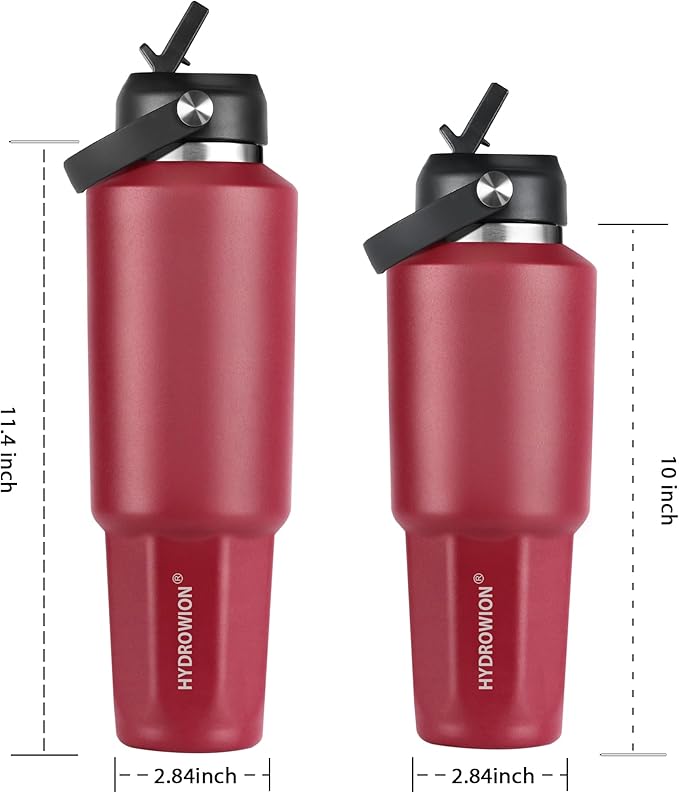 HYDROWION 32 oz Insulated Water Bottle, Car Water Bottle Holder - Double Wall Vacuum Insulated Travel Bottle with Straw Lid, Spout Lid and Flex Cap - Cold for 24H, Hot for 12H, Blue - Red