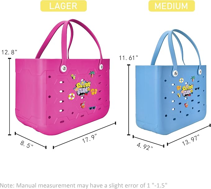 2-Piece Tote Bag Set, Waterproof Rubber Beach Bag with Summer Pattern, Medium & Large Handbag for Pool, Beach, Boat