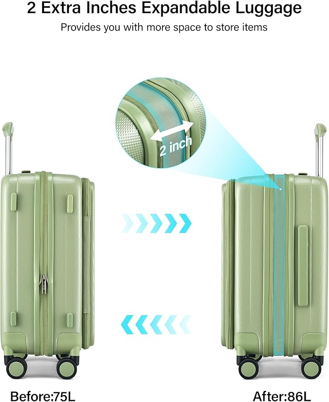 Hanke 24 Inch Expandable Luggage Top Opening Checked Bag Luggage Hard Shell Suitcases with Wheels Lightweight Travel Luggage Medium Suitcase with Lock for Woman Men-Bamboo Green