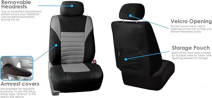 FH Group Automotive Car Seat Covers Full Set Premium 3D Air Mesh Front Seat Covers, Airbag Compatible & Split Bench Cover Universal Fit Interior Accessories for Cars Trucks and SUVs - Gray