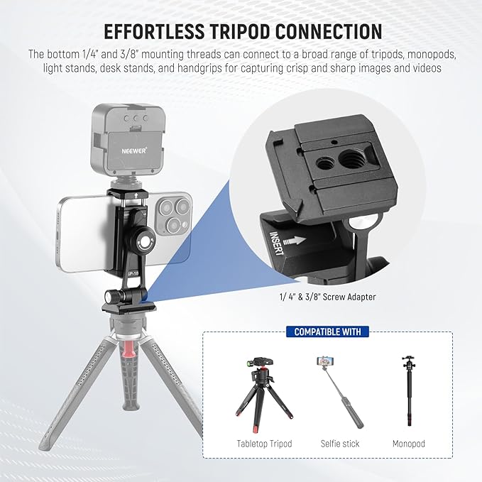 Neewer Phone Tripod Mount Adapter with Arca Type QR Base, Cold Shoe, 1/4" 3/8" Holes, 360° Swivel 180° Tilt, Phone Holder Compatible with iPhone Samsung Arca Swiss DJI RS 4 Pro 3 2 Stabilizer, SP-18