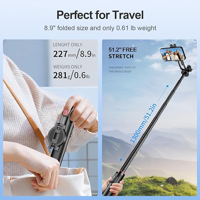 51'' Magnetic Tripod Selfie Stick Stand for Phone with Light,Bluetooth Remote, Mini Holder,MagSafe-Compatible Tripod for Cell Phone Camera Pocket,Portable Extendable Mount for Video Recording