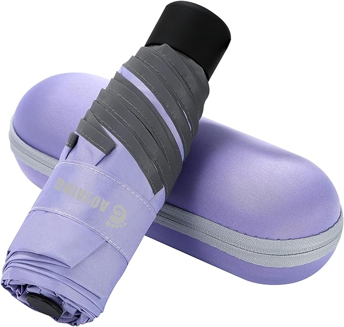 GAOYAING Mini Compact Travel Umbrella with Reflective Safety Stripes, Portable Folding Design with Case