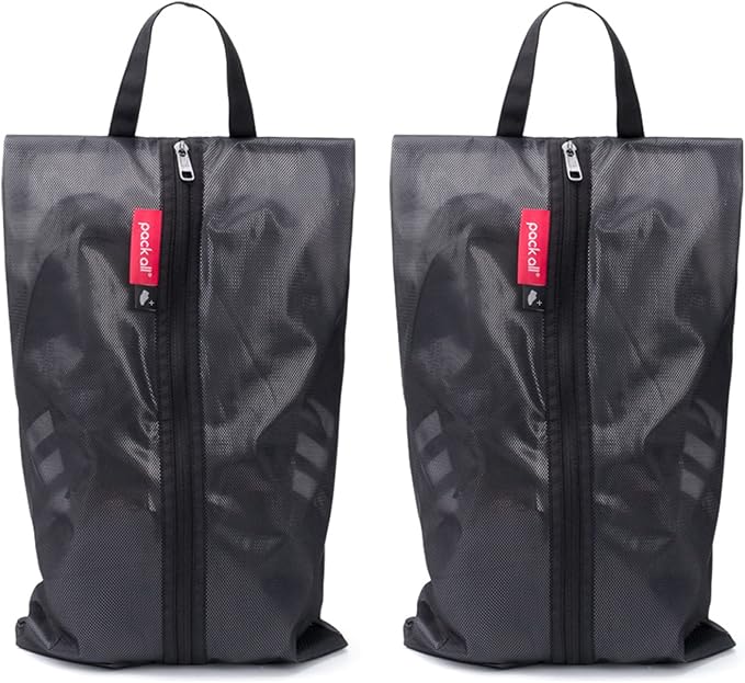 pack all Plus-Sized Shoe Bag for Travel, Water-Resistant Shoe Pouch for Gym, Odor-Resistant Soccer Cleats Bag for Sport (Black, 2-Pack)