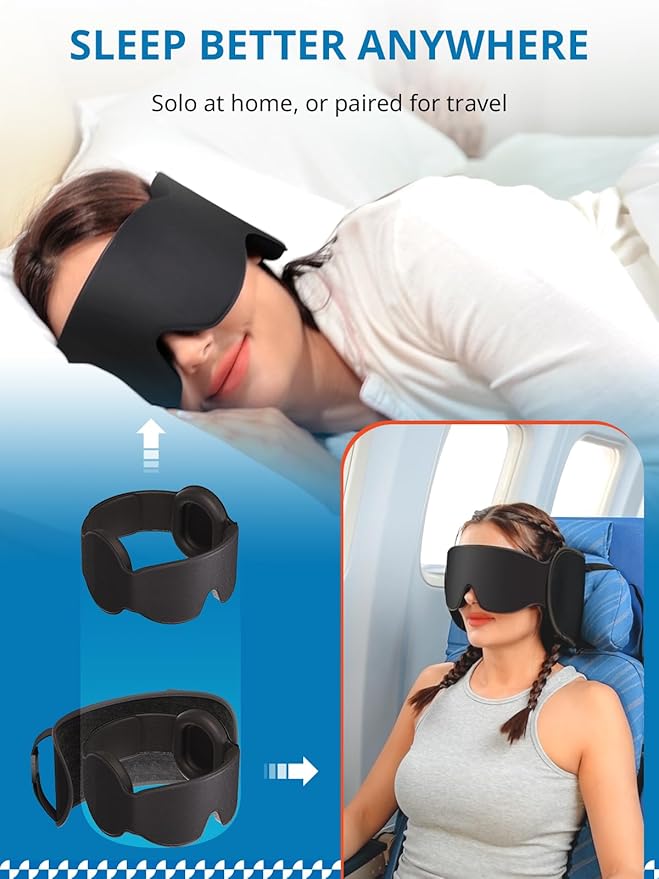 Travel Pillow for Airplanes, Upgraded Airplane Pillow with 3D Eye Mask and Ear Cover for Long Flight, 360° Support Sleep Head Hold, Flight Essentials Plane Headrest, Stop Bobblehead, Black