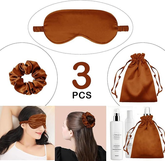 3Pcs Satin Eye Mask Silk Sleep Masks Set Silky Blindfold Eyeshade Blackout Eyes Cover Pouches Bag Scrunchy Wedding Gift