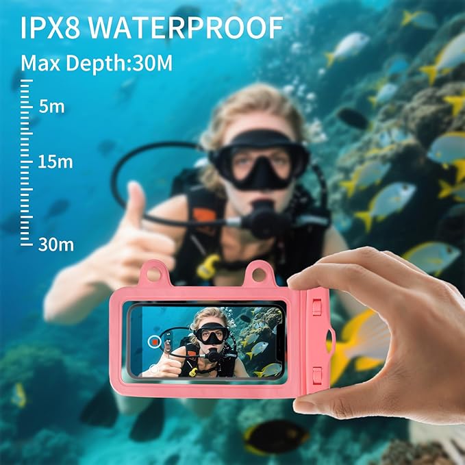 XL Waterproof Phone Pouch iPhone &Shower Phone Holder Waterproof with 2 Suction Cups,Water Phone Protector Pouch with Adjustable Lanyard,Floating Phone Case for iPhone 16 15 14 Pro Max (Pink)