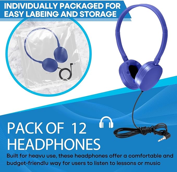 Bulk Headphones 100 Pack for Kids School Classroom, Wholesale Wired Durable Headphones Class Set for Students Children Toddler Boys Girls Teens and Adult (HY104, 100 Blue)