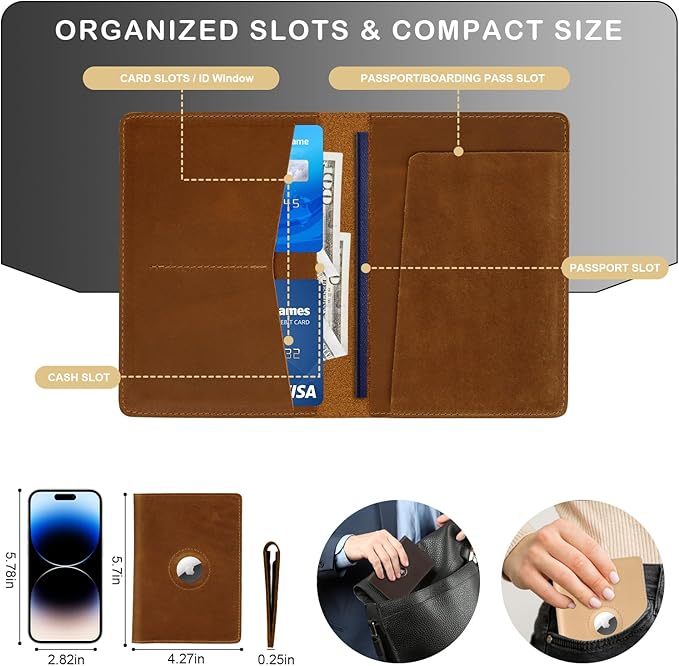 Passport Holder for Men and Women Travel, Real Leather Passport Wallet, Handmade Passport Cover Case with Airtag Slot, Travel Must Haves Essentials Accessories Birthday Gifts(Crazy Horse,Brown)