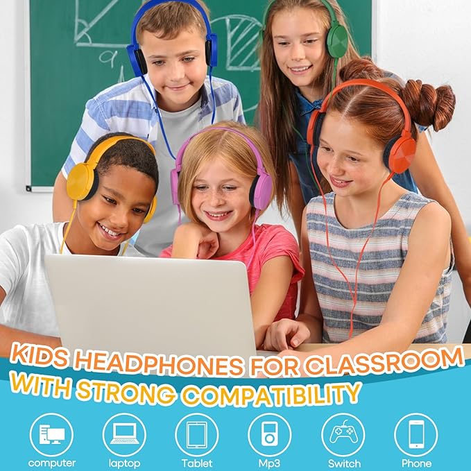 Kids Headphones Bulk 5 Pack for School Classroom Students K-12, Wholesale Wired Durable Headphones for Children Toddler Boys Girls Computer Chromebook Laptop PC (LS450, 5 Mixed)