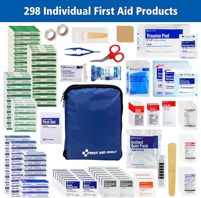 First Aid Only 299 Piece All-Purpose Emergency First Aid Kit for Home, Office, Car, Apartment, Dorm, and Camping, Travel-Friendly Compact Pouch Fits in Backpacks, Suitcases, Cabinets, and Drawers