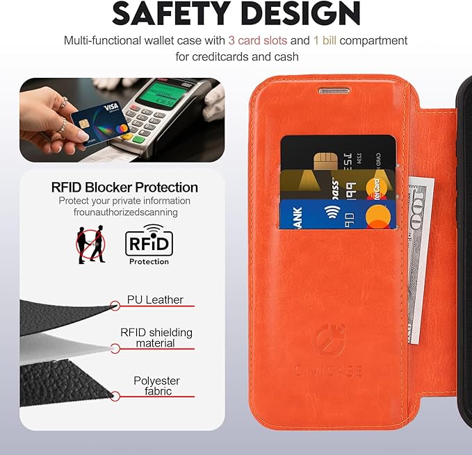 CIVICASE for iPhone 16 Pro Max Wallet Case with Stand,PU Leather Flip Credit Card Holder Slots (RFID Blocking),Compatible with Magsafe Magnetic Holder Phone Cover Women Men,Orange