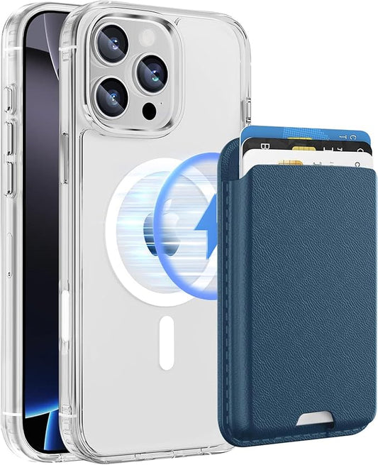 Ntwinro Magnetic for iPhone 16 Pro Clear Case (Compatible with MagSafe) with Blue Detachable Wallet & Card Holder for 3 Cards [RFID Blocking] Military Grade Protective Slim Phone Cover