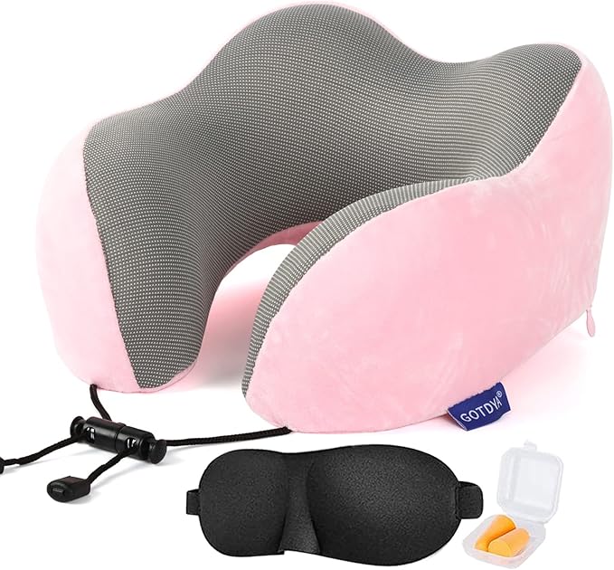 Travel Pillow,Travel Neck Pillows for Sleeping,100% Pure Memory Foam Soft Comfort & Support Pillow for Airplane/Car/Office&Home Rest Use-Pink
