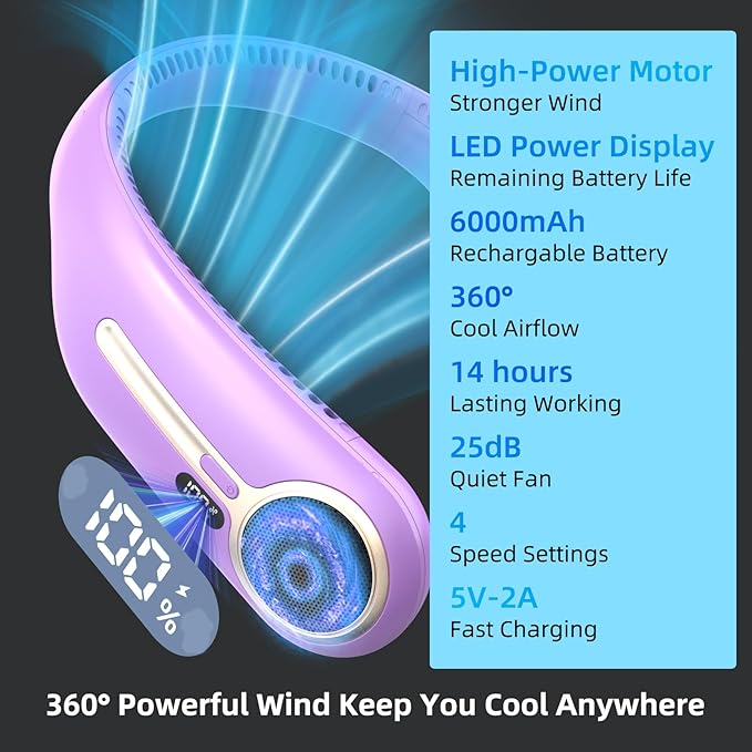 Portable Neck Fan,Hands Free Personal Wearable Bladeless Fan,6000mAh USB Rechargeable,360° Cooling,LED Display,4-Speeds,Birthday Gifts for Men Women Dad Mom,Stocking Stuffers Christmas Gift (Purple)
