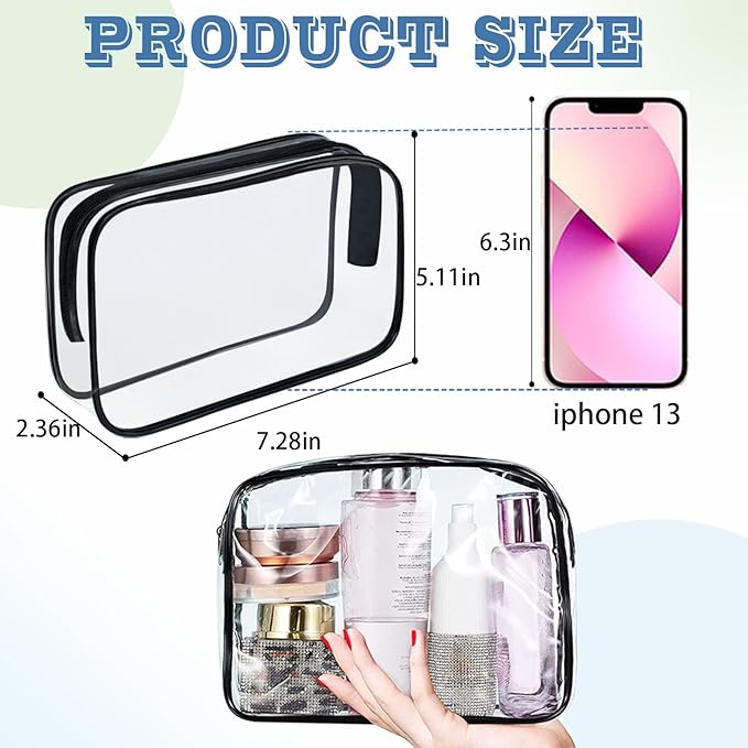 16 Pieces Clear Makeup Bags Bulk, TSA Approved Toiletry Bag for Travel, PVC Waterproof Travel Pouches Clear Pouch with Zipper for Men and Women Carry-on Travel Essentials Cosmetic Bags (Black-M)