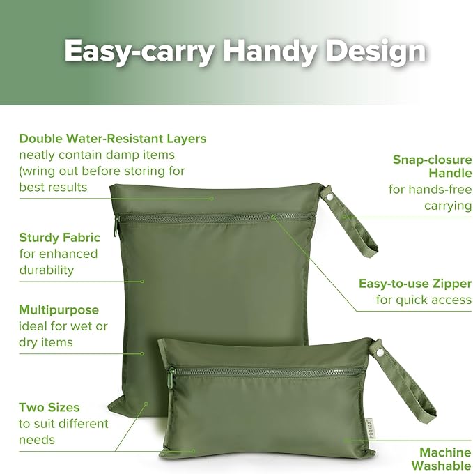 haakaa Waterproof Wet Bags for Baby Wet Dry Bags for Cloth Diaper, Swimsuit & Travel, 1pc, Olive Green