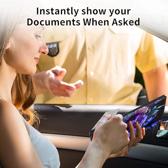 Car Registration and Insurance Holder, Leather Car Glove Box Organizer, Cool Car Accessories for ID, Driver's License Cards & Essential Document, business cards, Men&Women,Blue Pink Roses Butterfly