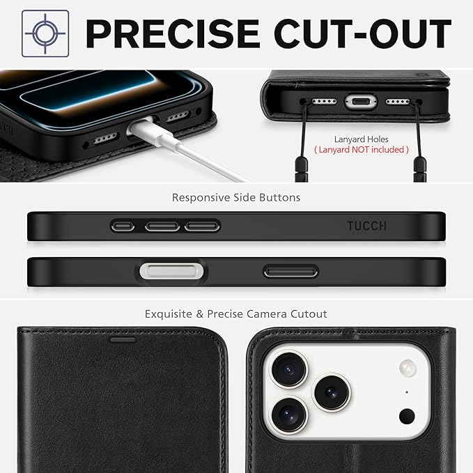 TUCCH Wallet Case for iPhone 17 Pro Max (6.9") 2025, RFID Blocking 4 Card Holders | Kickstand | Shockproof TPU Shell | PU Leather | Magnetic Closure | Protective Flip Folio Cover | Black