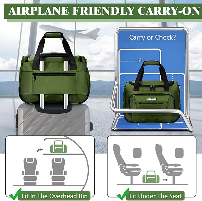 Underseat Carry On luggage Bag Airplanes Personal Item Bags, Gym Bag for Men Weekender Overnight Travel Tote Bag Shoulder Small Softside Carry on Luggage Travel Duffel Bags For Men,16 IN Green