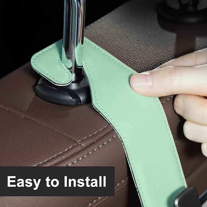 CoBak Headrest Hooks for Car - Universal Premium Stitched Leather and Aluminum-Magnesium Alloy Single Car Seat Back Storage Hook for Purses, Handbags, Bags (2 Pack),Sage Green