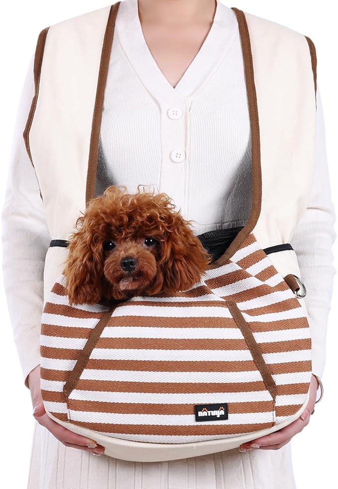 NATUYA Dog Sling Carrier Puppy Carrier, Adjustable Pet Front Sling Carrier Travel Bag with Bottom Pad, Pet Carrier for Small Dog Cat Puppy Traveling Hiking Camping (Khaki, 3-8 lb)