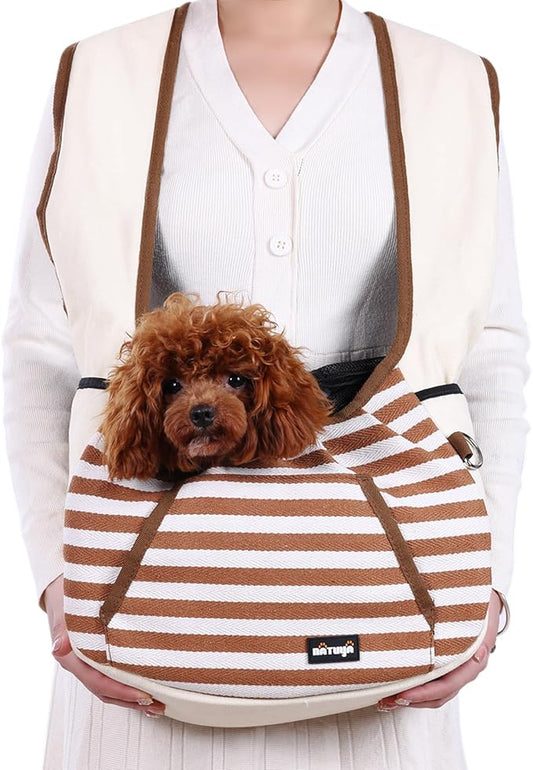 NATUYA Dog Sling Carrier Puppy Carrier, Adjustable Pet Front Sling Carrier Travel Bag with Bottom Pad, Pet Carrier for Small Dog Cat Puppy Traveling Hiking Camping (Khaki, 3-8 lb)